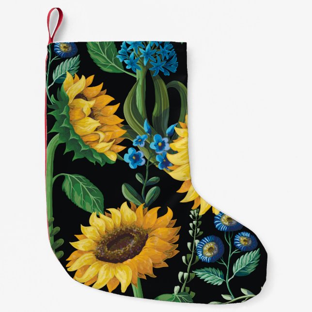 Black Background Sunflower Pattern Small Christmas Stocking (Front)