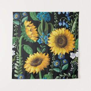 Black Background Sunflower Pattern Tapestry
