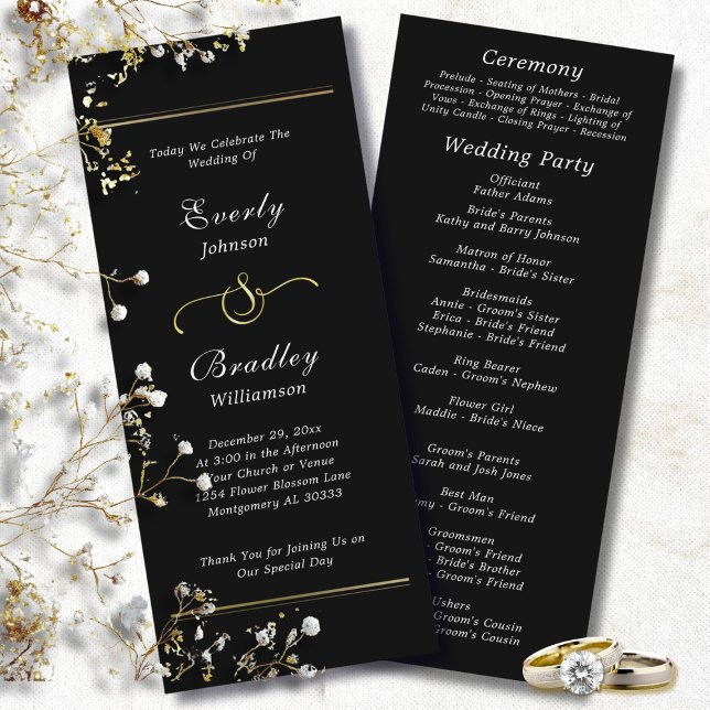 Black Background White Script Elegant Wedding  Programme (Creator Uploaded)