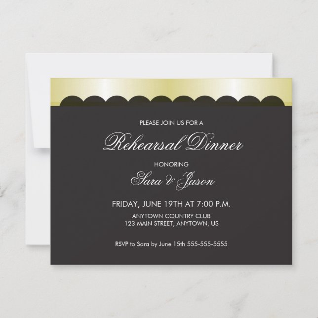 Black Background with Gold Ribbon Rehearsal Dinner Invitation (Front)