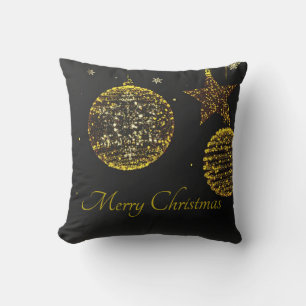 Black Background With Golden Balls and Stars Cushion