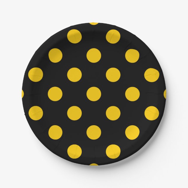 Black Background Yellow Polka Dots Paper Plate (Front)