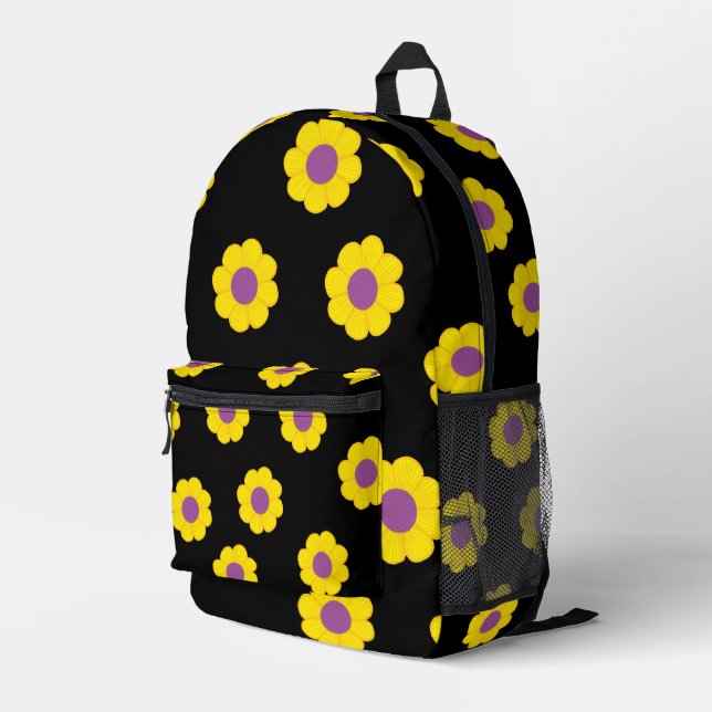 Black Backpack With Yellow & Purple Flowers  (Back Corner Right)