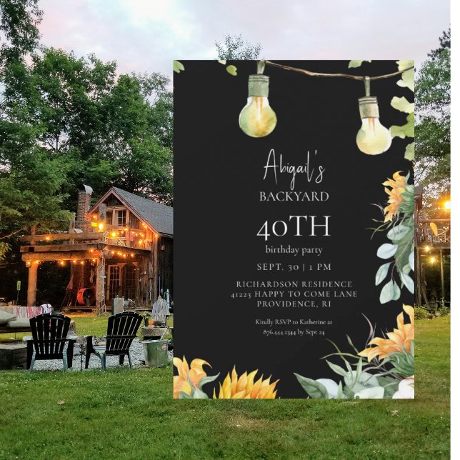 Black Backyard Lights Birthday Sunflower Party  Invitation (Creator Uploaded)