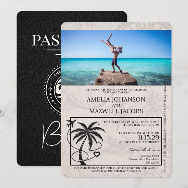 Black Bahamas Passport Wedding Invitation (Front/Back)
