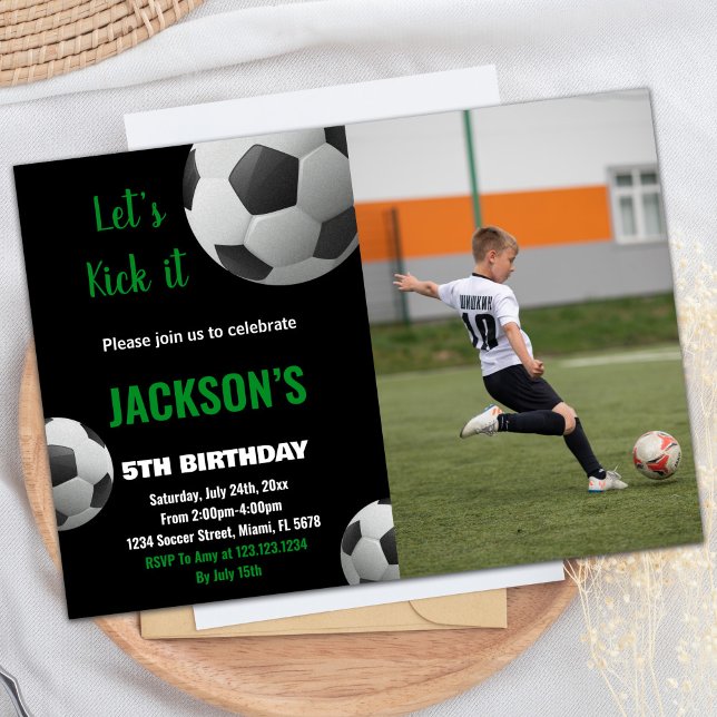 Black Ball Green Text Photo Soccer Invitations (Black Ball Green Text Photo Soccer Invitations)
