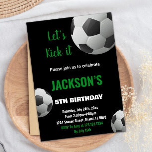 Black Ball Green Text Soccer Invitation