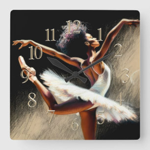 Black Ballerina Dancer Pastel Drawing Square Wall Clock