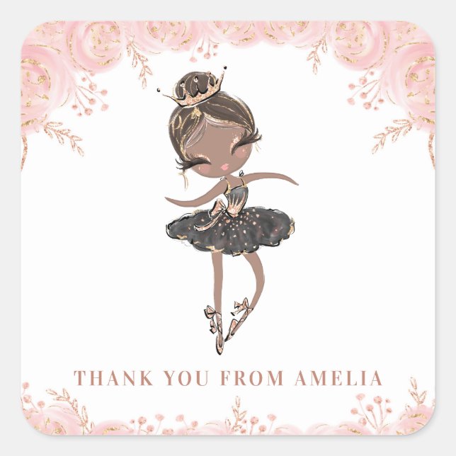 Black Ballerina in Black Dress Floral Birthday Square Sticker (Front)