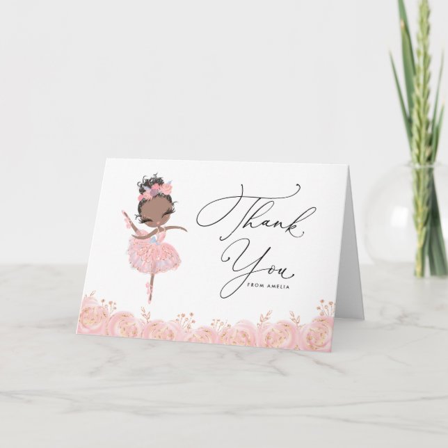 Black Ballerina in Pink Dress Floral Birthday Thank You Card (Front)