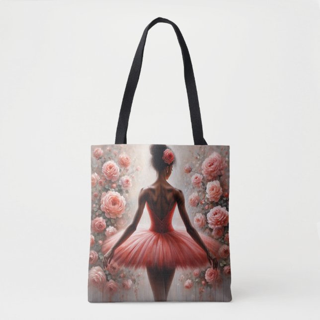Black Ballerina in Red Tutu with Roses Afrocentric Tote Bag (Front)