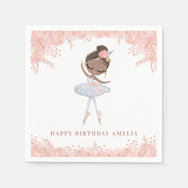 Black Ballerina in White Dress Floral Birthday Napkin (Front)