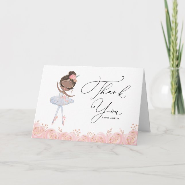 Black Ballerina in White Dress Floral Birthday Thank You Card (Front)
