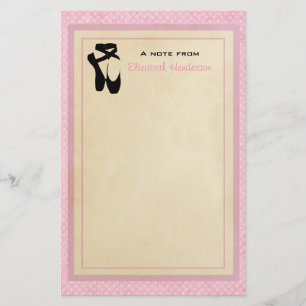 Black Ballet Shoes En Pointe on Pink Polka Dots Stationery