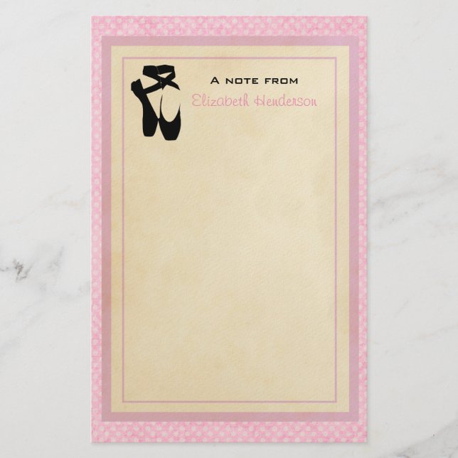 Black Ballet Shoes En Pointe on Pink Polka Dots Stationery (Front)