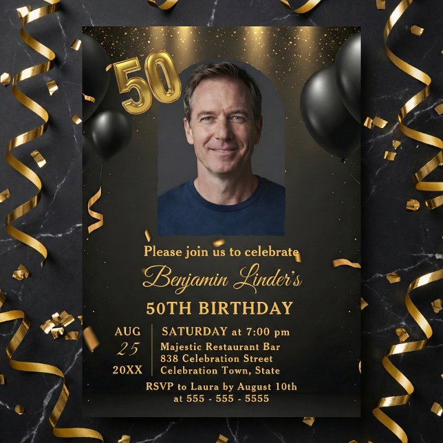 Black Balloons & Gold Confetti Photo 50th Birthday Invitation (Creator Uploaded)
