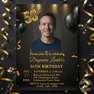 Black Balloons & Gold Confetti Photo 50th Birthday Invitation