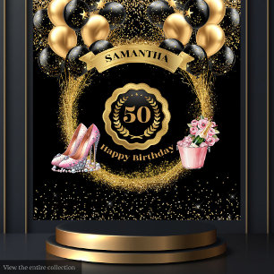 Black Balloons Gold Glitter 50th Birthday Tapestry