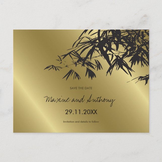 Black Bamboo Leaves On Gold Asian Save The Date Announcement Postcard (Front)