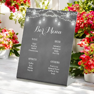 Black Bar Menu White String Lights Wedding  Pedestal Sign