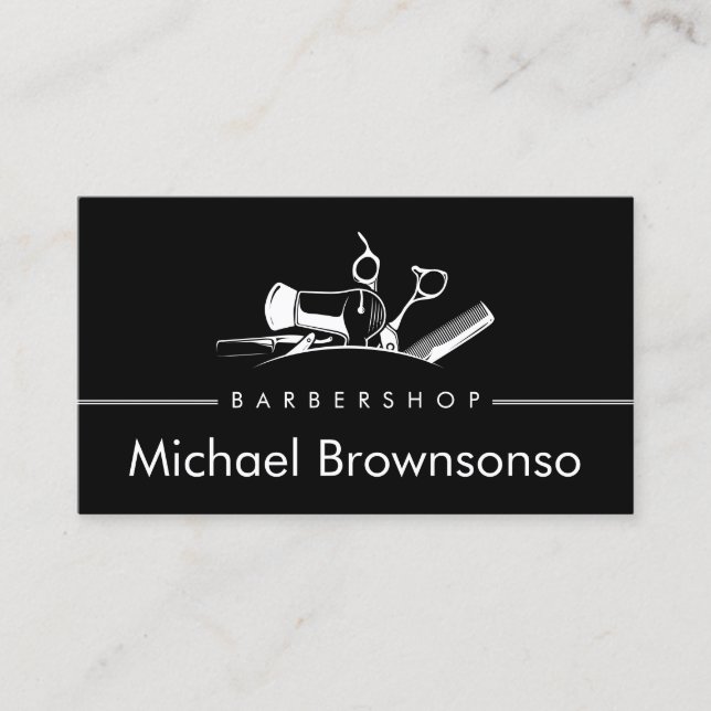 Black Barber Shop Tools Haircut Salon Logo Design Business Card (Front)
