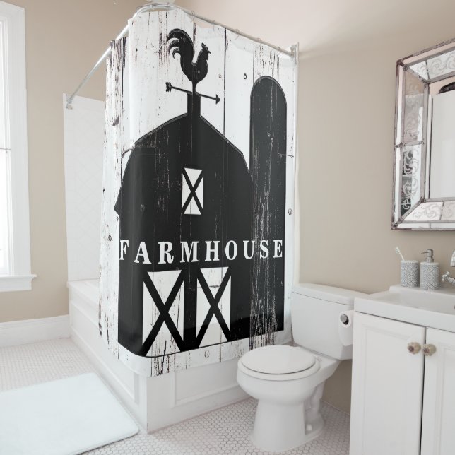Black Barn White Wood Rustic Country Farmhouse Shower Curtain (In Situ)