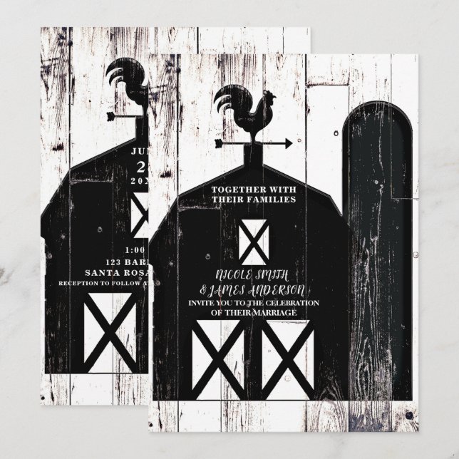Black Barn White Wood Rustic Farmhouse Wedding Invitation (Front/Back)