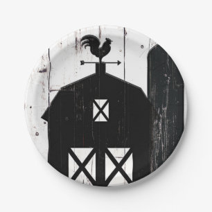 Black Barn White Wood Rustic Farmhouse Wedding Paper Plate