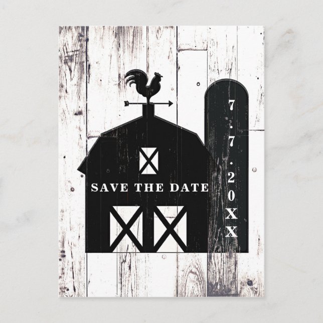 Black Barn White Wood Rustic Wedding Save The Date Announcement Postcard (Front)