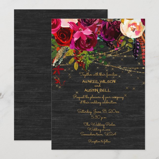 Black Barnboard Burgundy Boho Flowers Invitation (Front/Back)