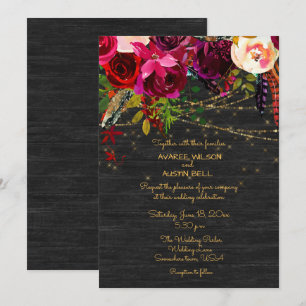 Black Barnboard Burgundy Boho Flowers Invitation