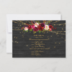 Black Barnboard String Lights Burgundy Roses RSVP Card