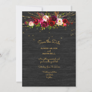 Black Barnboard String Lights Burgundy Roses Save The Date