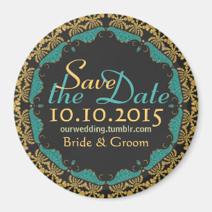 Black Baroque Gold teal Lace Save the Date Magnet