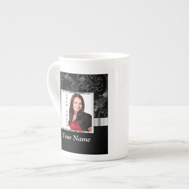 Black baroque instagram template bone china mug (Front Left)