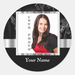 Black baroque instagram template classic round sticker