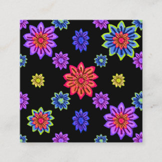 🌸 Black Base with Colourful Flower Lawn Print Square Business Card