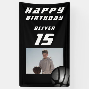 Black Basketball Ball Boy Photo Happy Birthday Banner