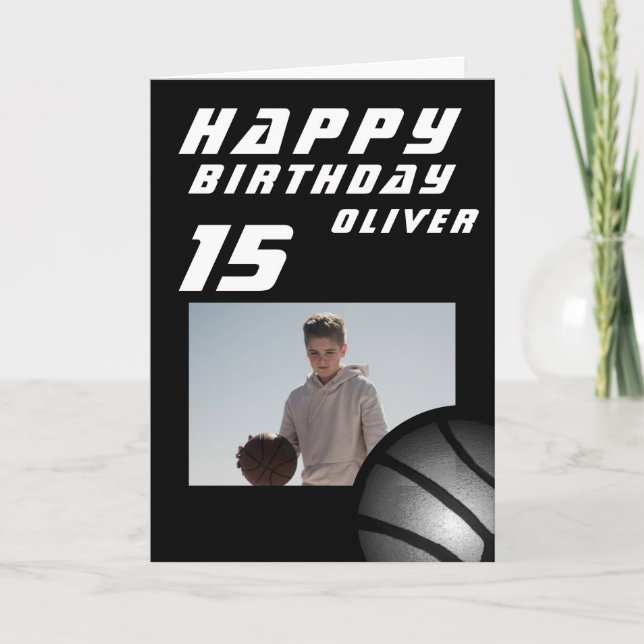 Black Basketball Ball Boy Photo Happy Birthday Card (Front)