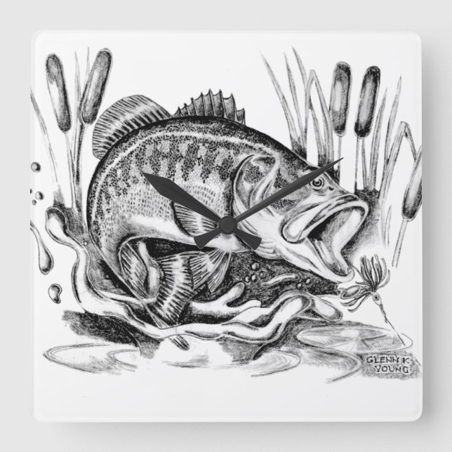 Black bass square wall clock (Front)