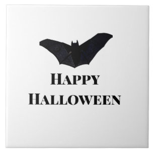 Black bat happy Halloween add name text witches Tile