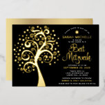 Black Bat Mitzvah Tree of Life Script Real Gold<br><div class="desc">Be proud, rejoice and showcase this milestone of your favourite Bat Mitzvah! This graphic real gold foil tree of life with sparkly Star of David and dot “leaves” and real gold foil calligraphy script on a rich, sophisticated, black background, is the perfect invitation for this special occasion. A faux gold...</div>