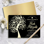 Black Bat Mitzvah Tree of Life Script Real Gold<br><div class="desc">Be proud, rejoice and showcase this milestone of your favourite Bat Mitzvah! This graphic real gold foil tree of life with sparkly Star of David and dot “leaves” and real gold foil calligraphy script on a rich, sophisticated, black background, is the perfect invitation for this special occasion. A faux gold...</div>
