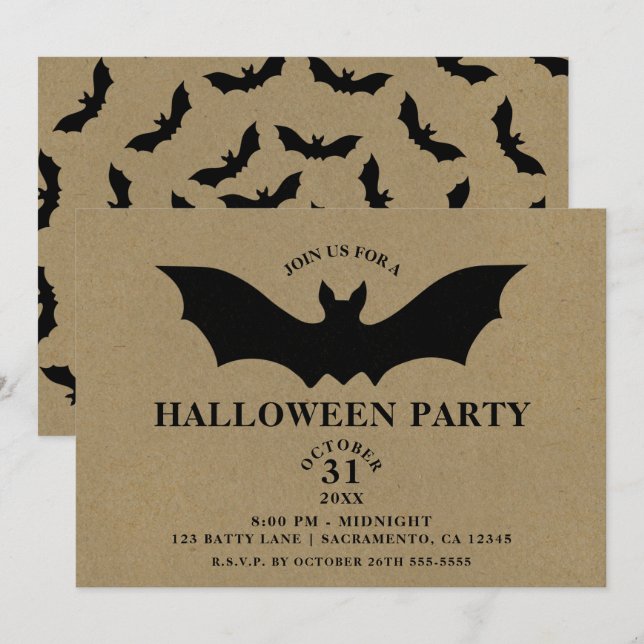 Black Bat Rustic Kraft Halloween Party Invitation (Front/Back)