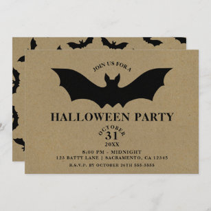 Black Bat Rustic Kraft Halloween Party Invitation