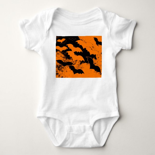 Black Bats In Flight Orange Baby Bodysuit (Front)