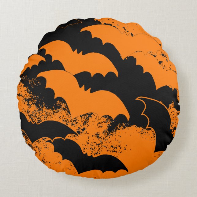 Black Bats In Flight Orange Round Cushion (Front)