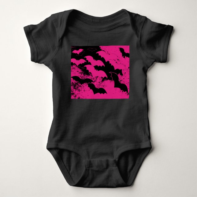 Black Bats In Flight Pink Baby Bodysuit (Front)