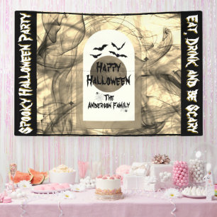 Black Bats Spider Web Full Moon Happy Halloween Banner
