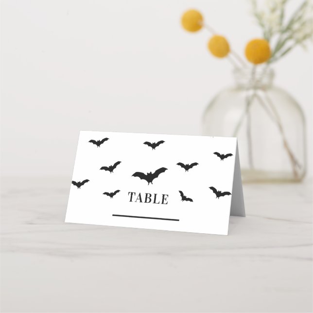 Black Bats & White Cute Halloween Party Chic Place Card (Front)